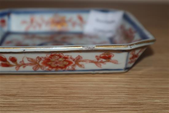 A Chinese Imari canted square dish and a small U-shaped jar, cover and stand, Kangxi period